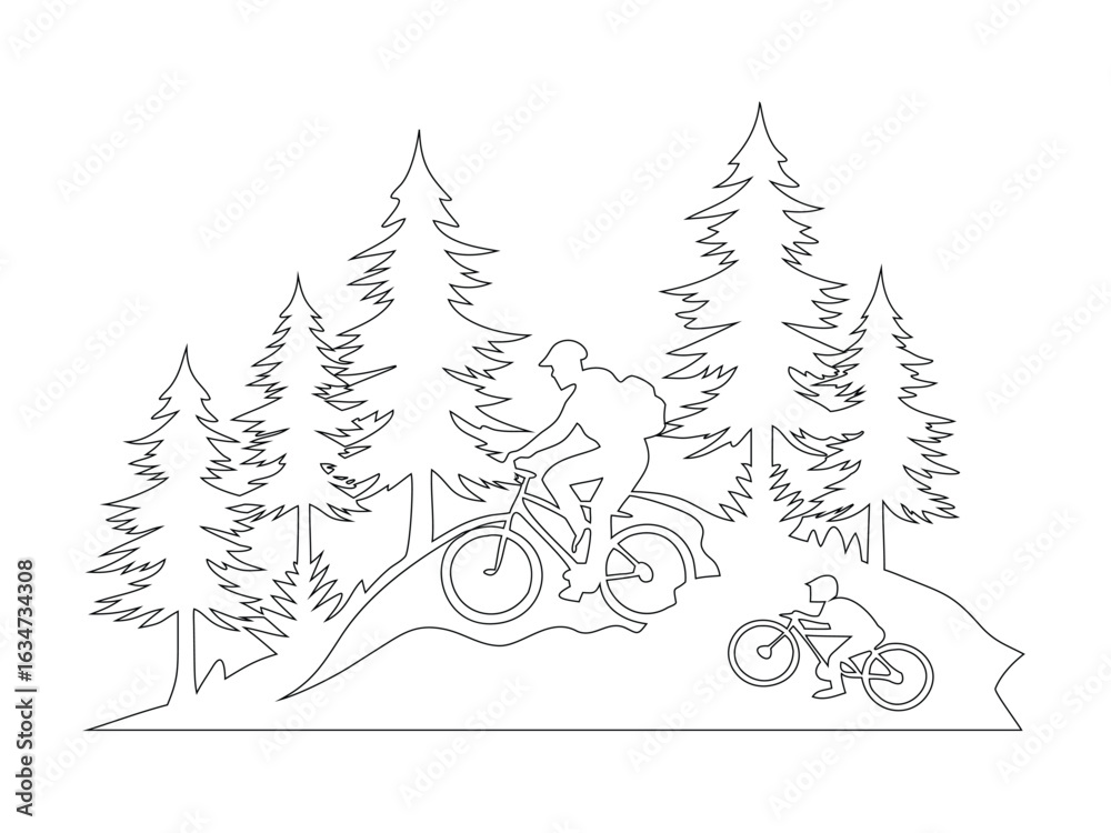 Fototapeta premium Mountain Bikers in Forest, Coloring Page Design