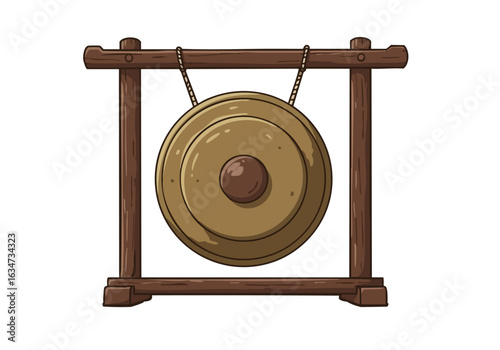 detailed  traditional Indonesian Gamelan bronze gong suspended on a wooden frame  Clean lines warm tones and a simple composition create a visually appealing graphic