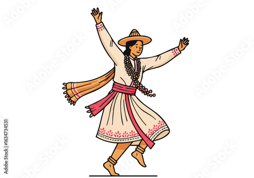 A joyful woman in traditional Mexican attire dances exuberantly, celebrating cultural heritage. Vibrant colors and dynamic pose create a lively and engaging image.