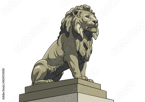 A majestic lion statue dominates the cityscape. Bold, graphic style with a vibrant pink background. Strong, confident imagery for business and branding.