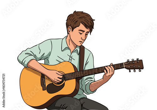 man plays acoustic guitar lost in thought  Warm orange background  Illustrative style  Evokes a feeling of introspection and musicality Suitable for lifestyle and music themes