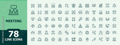 Meeting line icon pack. Minimal thin line web icons set. Contains such symbols as consultation, talk, meet, team, seminar. Vector illustration. Pixel perfect. Presentation icon set.