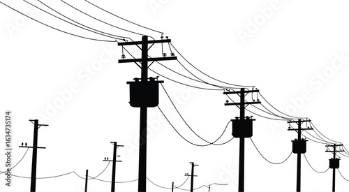 Power lines silhouette, utility poles, electric wires, electrical transmission, energy infrastructure, electrical poles, power distribution, overhead cables, electrical grid
