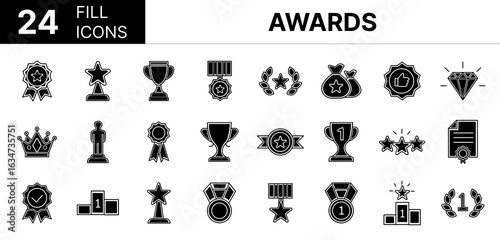 Collection of 24 Awards fill icons featuring editable strokes. These outline icons depict various modes of Award, icon, trophy, winner,