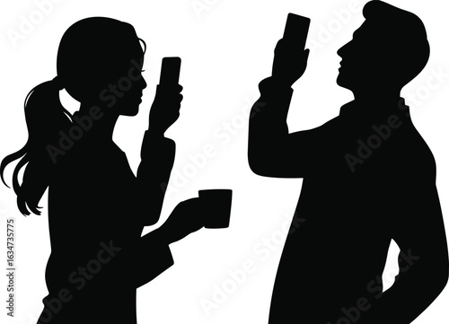 Man and woman silhouettes using smartphones, technology addiction, mobile communication, couple on phones, digital life, distracted conversation