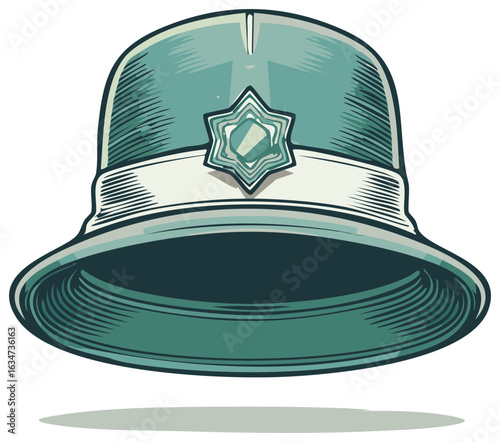 Vintage illustration of a classic British police helmet with star badge in a retro style