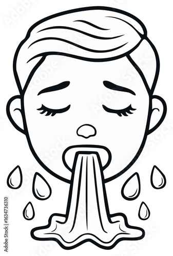 Vomiting person black and white line art illustration of sickness