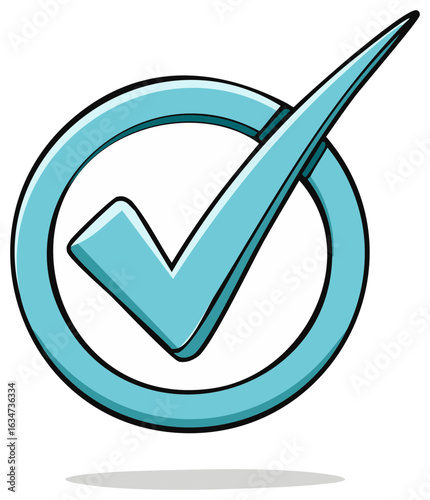 Aqua checkmark in a circle, cartoon style illustration with black outlines and slight shadow, symbol for yes or success