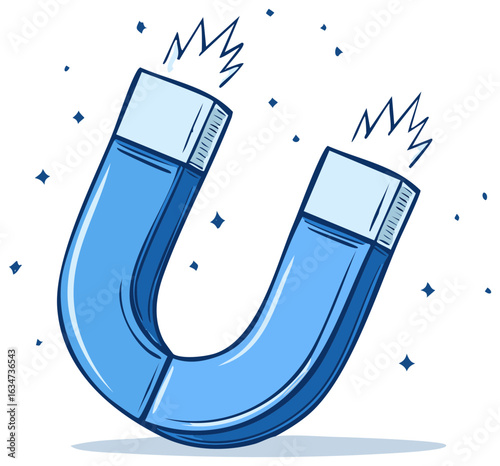 Vibrant blue magnet cartoon illustration symbolizing attraction and strong influence