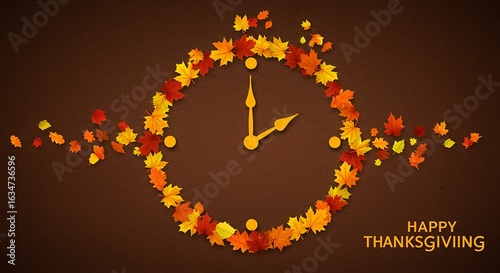 Happy thanksgiving clock decorated with autumn leaves