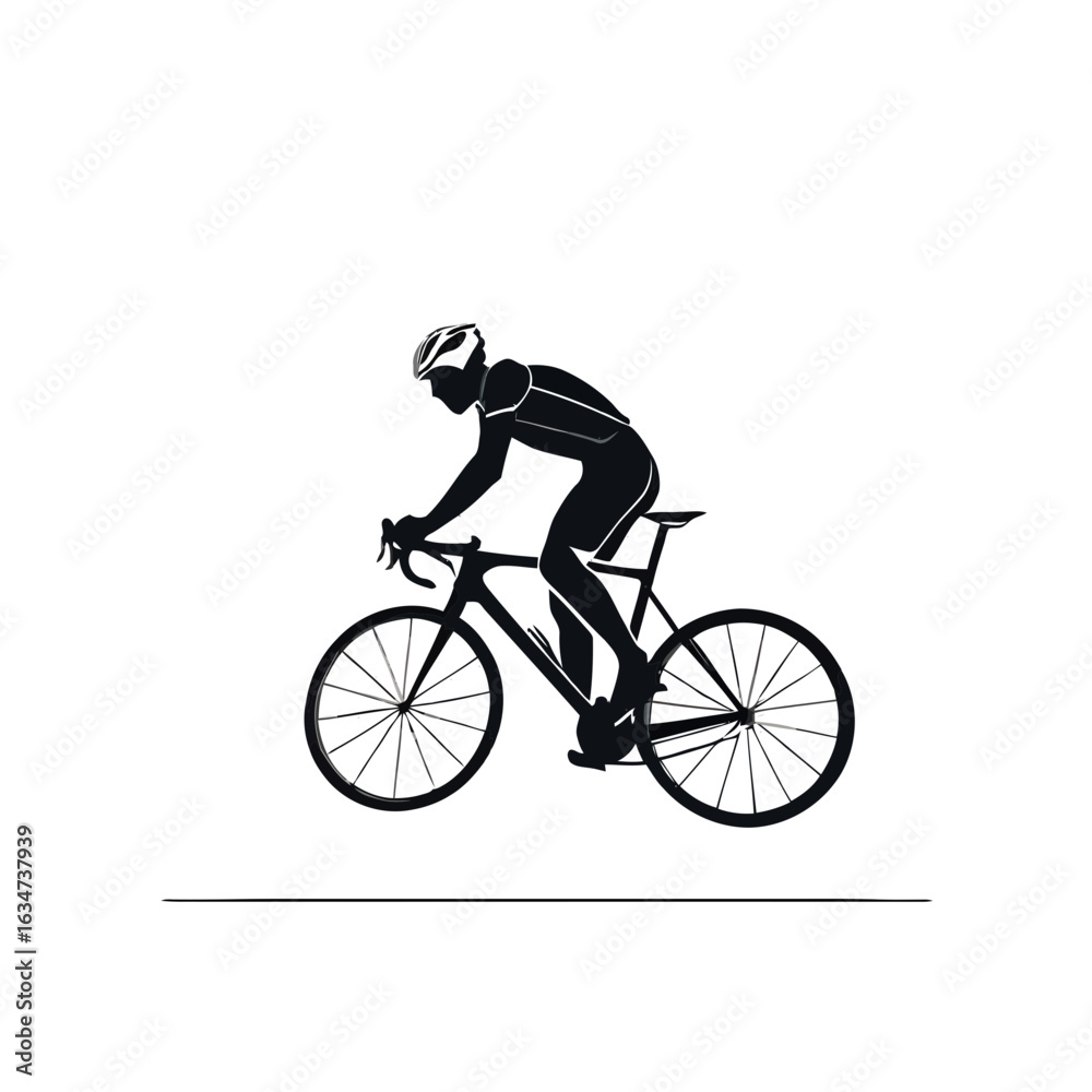 Obraz premium Silhouette of a cyclist riding a bicycle with a helmet isolated on a white background