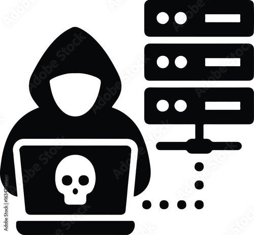 Silhouette of a hacker using a laptop to perform a cyber attack on a server network system to steal data