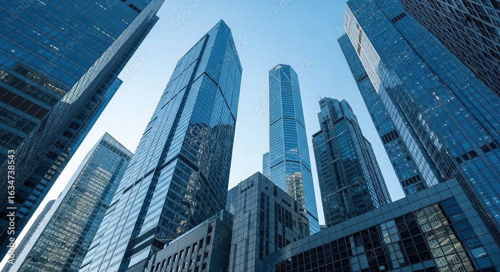 Modern Glass Skyscrapers, Blue Hour, Urban Business District, Upward View, Corporate Success, Architectural Design. Modern Glass Skyscrapers, Blue Hour, Urban Business District, Upward View, Corporate Success, Architectural Design.