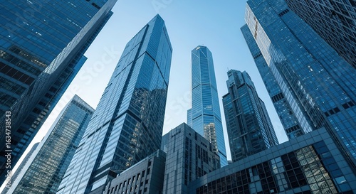 Wallpaper Mural Modern Glass Skyscrapers, Blue Hour, Urban Business District, Upward View, Corporate Success, Architectural Design. Torontodigital.ca