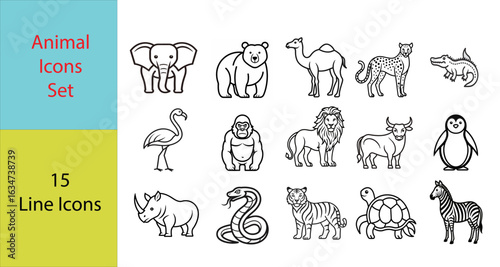 A collection of 15 animal icons isolated on white background