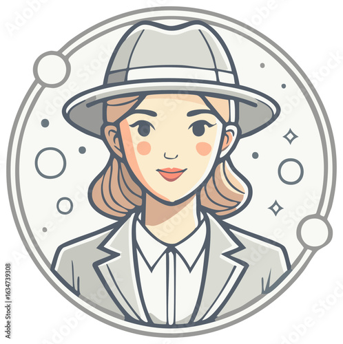 Cartoon Woman with Hat and Suit Illustration in Modern Circle Frame