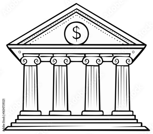 Classic bank building with columns and dollar sign symbol black and white line art illustration
