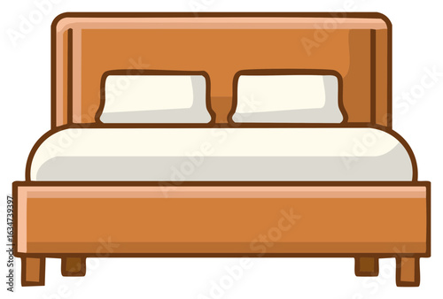 Cozy bedroom furniture illustration with a sturdy wooden bed frame and soft pillows