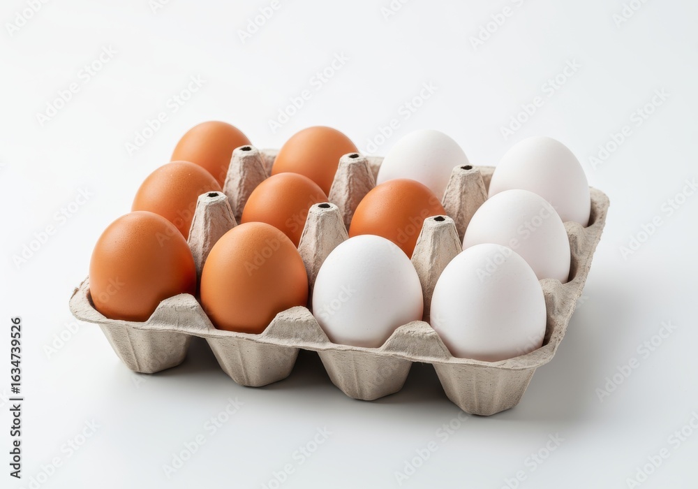 Raw white and brown organic farm eggs in a carton container Raw white and brown organic farm eggs in a carton container