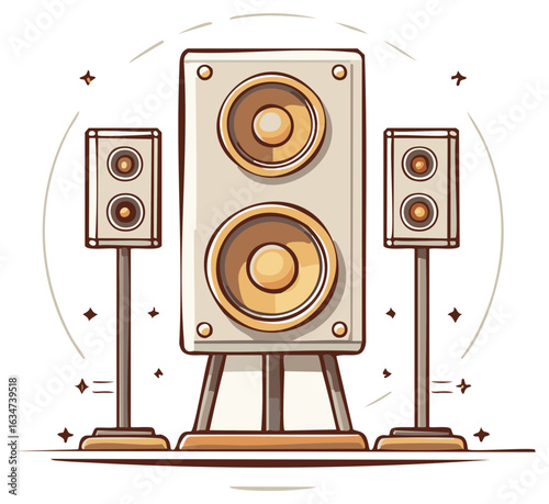 Illustrated Speaker System Audio Loudspeakers on Stands Music Speakers Woofer Tweeter Sound Devices Entertainment System