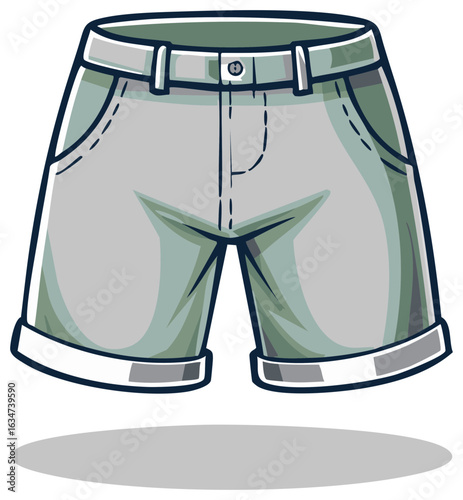 Grey Denim Shorts Cartoon Illustration with Pockets, Button and Turned-Up Hems