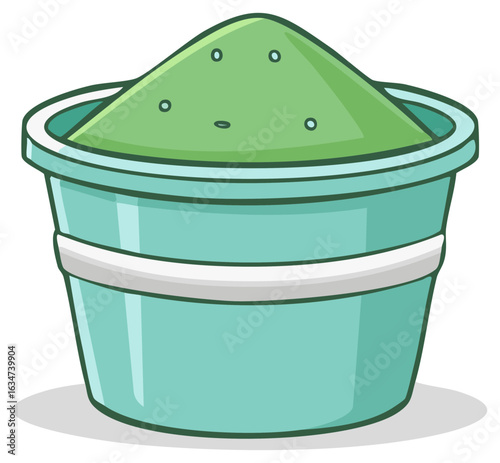Playful cartoon beach bucket filled with bright green sand ready for summer fun