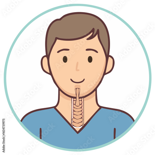 Cartoon illustration of a man's neck showing the trachea and vocal cords for medical or educational purposes