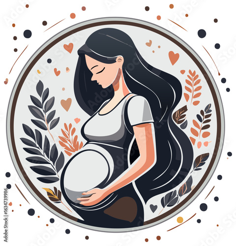 Serene pregnant woman embracing her baby bump with natural elements and hearts in a gentle illustration