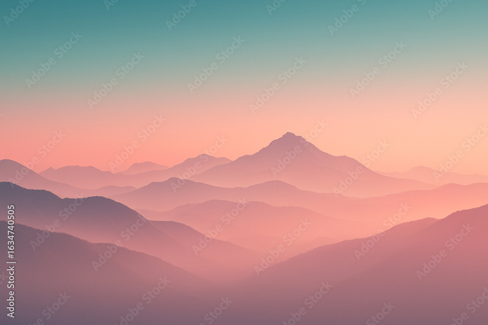 Obraz premium mountains in blush fog, gradient sky from teal to coral, serene poster layout