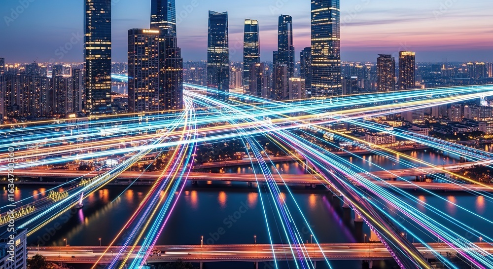 Fototapeta premium Vibrant Night Cityscape: Modern Metropolis with Dynamic Light Trails and Interconnected Bridges.