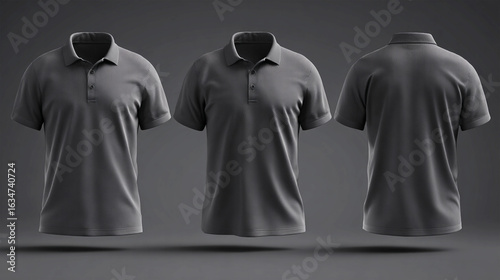Bold deep gray polo t-shirt mock-up to make your designs stand out. Strong front, side, and back view for impactful visuals. A powerful t-shirt mock-up for branding