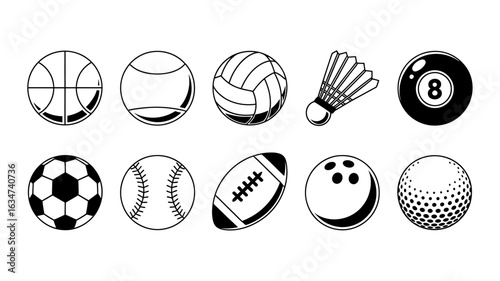 Collection of black and white outline sports equipment icons representing various games and activities for sports and recreation concepts