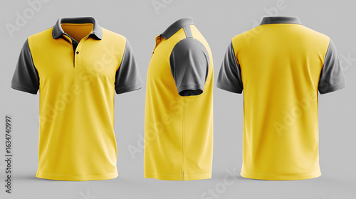 Casual yellow polo t-shirt mock-up for everyday fashion and leisurewear. A relaxed front, side, and back view. A comfortable and stylish t-shirt mock-up for casual clothing.