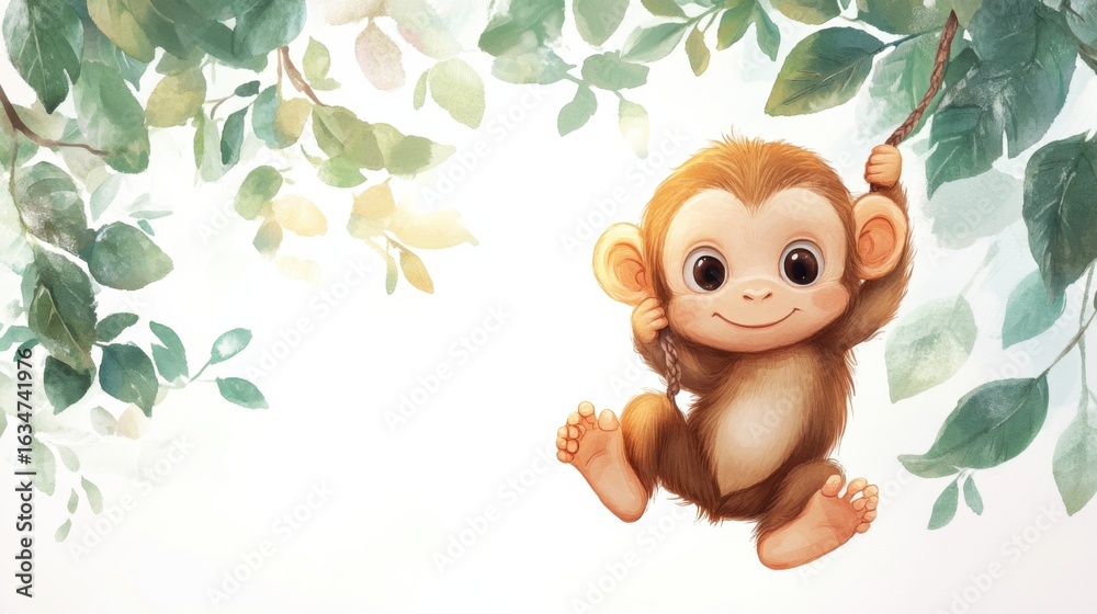 Obraz premium adorable cartoon baby monkey hanging from a vine, watercolor style, white background