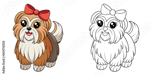 A small Lhasa Apso with long straight hair and a bow sitting calmly