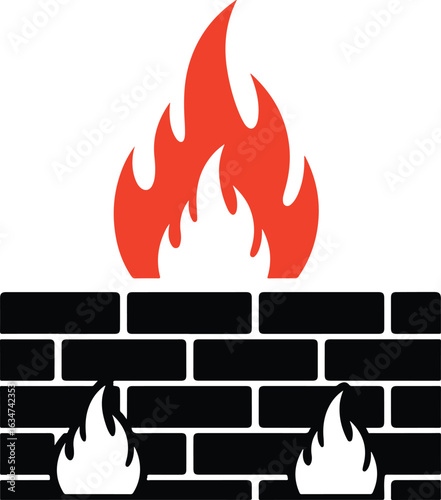 Illustration of a firewall with flames representing network security and protection from cyber threats and unauthorized access