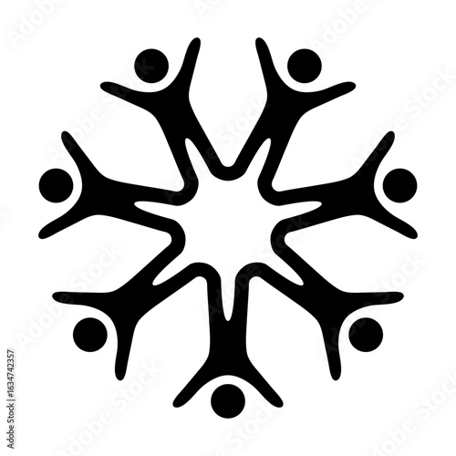 Collaborative Unity Symbol Vector Illustration. A circular pattern formed by multiple human figures reaching out with their arms, symbolizing unity, teamwork and collaboration.