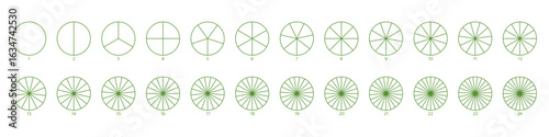 Segmented circles set. Diagram wheel parts. Line art segment slice sign. Circle section graph. Pie chart icon. Round diagram part infographic. Geometric element. Vector illustration