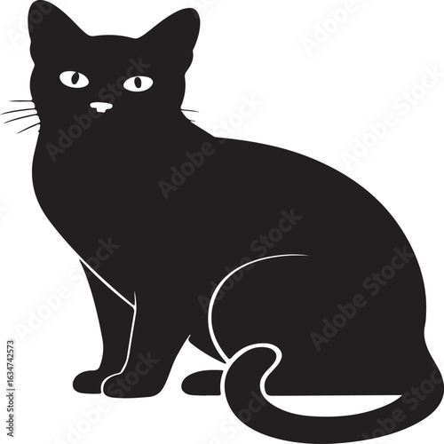 A simple black cat vector illustration featuring a cute, stylized cartoon kitten with a playful tail and big eyes