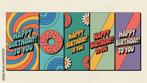 Five retro style birthday greeting cards with groovy patterns and text vintage