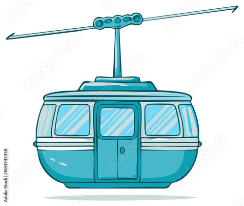 Cartoon cable car gondola suspended from a sky cable for aerial transportation