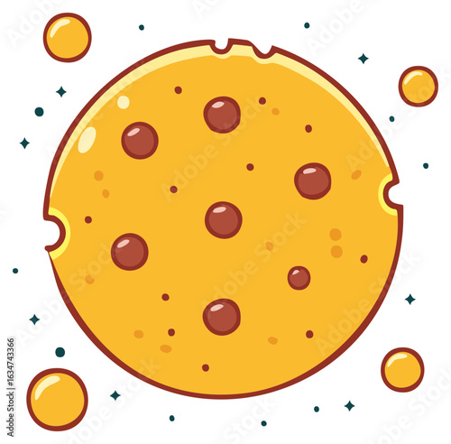 Cartoon Chocolate Chip Cookie Orbiting, with Yellow Circles and Stars in Space, Sweet Treat Concept, Illustration
