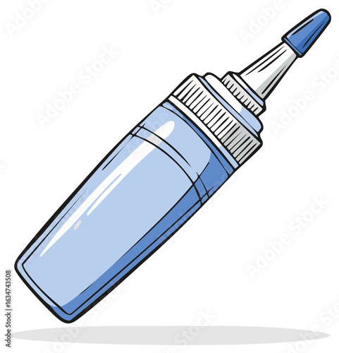 Cartoon illustration of a blue bottle for eye drops with a pointed tip for precise dispensing