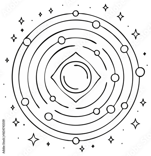 Hand Drawn Solar System with Planet Orbits, Central Square, and Starry Details in Black and White