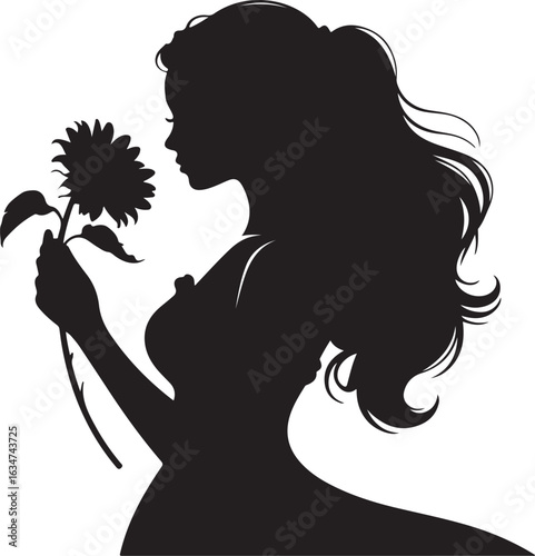 Illustration of a woman in silhouette, her long hair adorned with flowers, a profile sketch of beauty and style