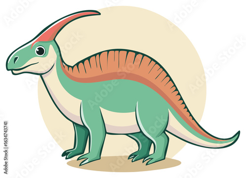 Friendly cartoon Parasaurolophus dinosaur standing in profile. Cute prehistoric herbivore animal vector illustration for kids.