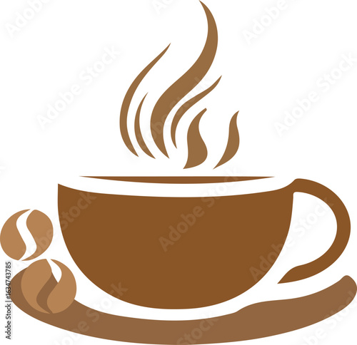 Steaming coffee cup with coffee beans on saucer