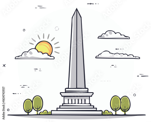 Tall obelisk illustration in cartoon style with sun clouds and trees scenery
