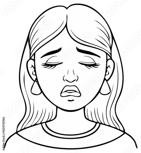 Black and white line drawing of a sorrowful woman with tears in her eyes and an upset expression