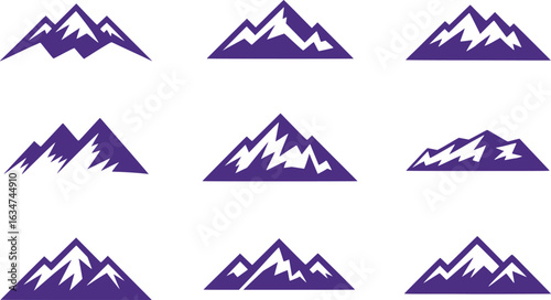 Nine Different Mountain Icons in Purple A Variety of Rocky Peaks Design and Modern Style Minimalist Mountain Logo Graphic Resources Illustration Collection